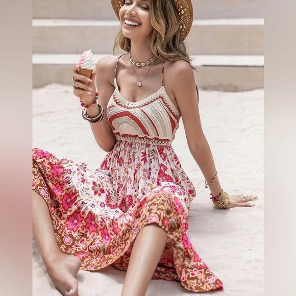 Crochet Bust Floral Maxi Dress | Color: Brown | Size: L | Vargasgirl21'S Closet